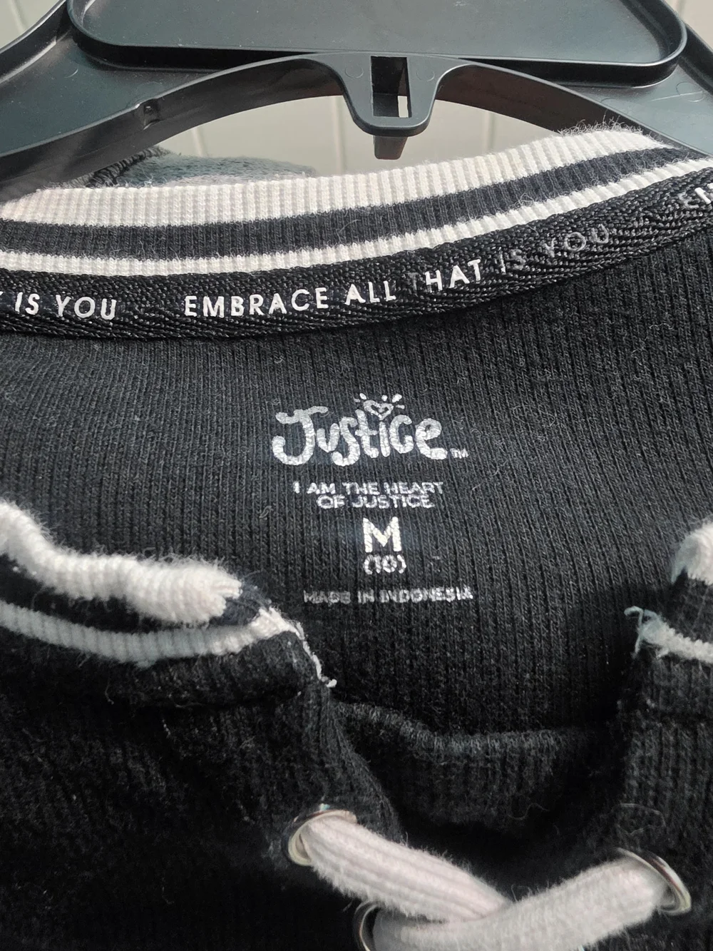 Justice Black Long Sleeve Lace-Up Tee with White Trim